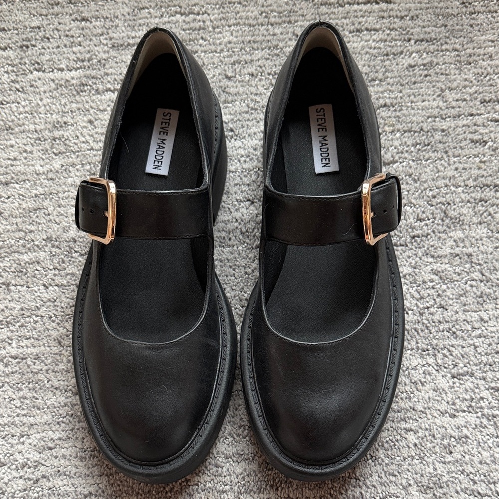 Steve Madden Black Mary Jane Flats with Rose Gold Buckle
